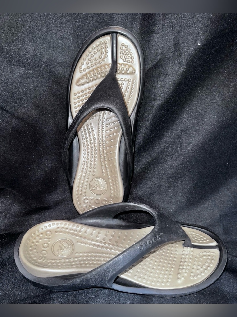 #S-1107 CROCS Women's Black and Cream Thong Sandals - Picture 2 of 7
